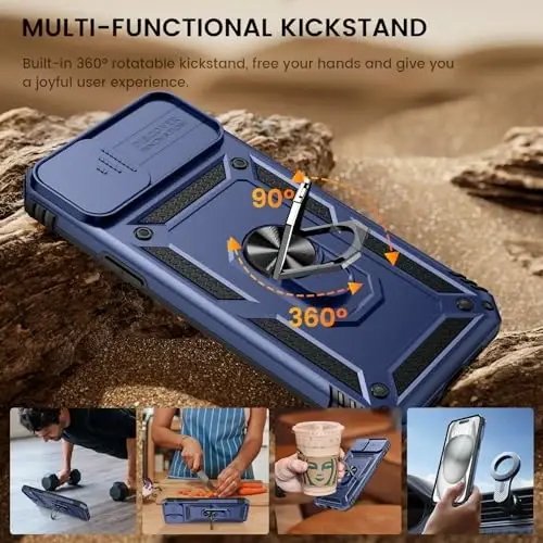 Goton for iPhone 15 Plus Case with Screen Protector - Slide Camera Cover Protective Phone Case with Ring Stand, Heavy Duty Shockproof Rugged Bumper for iPhone 15 Plus Accessories Blue - 4