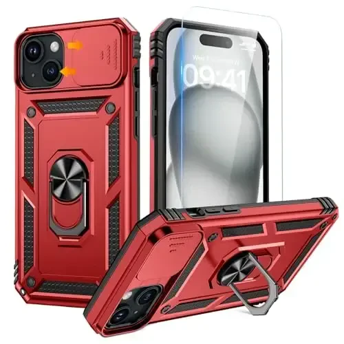 Goton for iPhone 15 Plus Case with Screen Protector - Slide Camera Cover Protective Phone Case with Ring Stand, Heavy Duty Shockproof Rugged Bumper for iPhone 15 Plus Accessories Red 