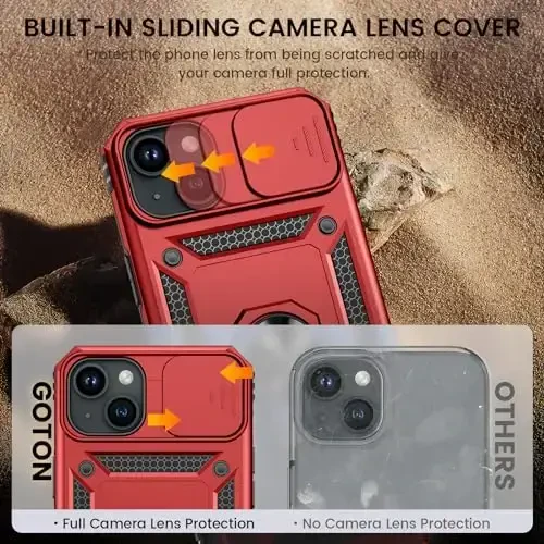 Goton for iPhone 15 Plus Case with Screen Protector - Slide Camera Cover Protective Phone Case with Ring Stand, Heavy Duty Shockproof Rugged Bumper for iPhone 15 Plus Accessories Red - 3