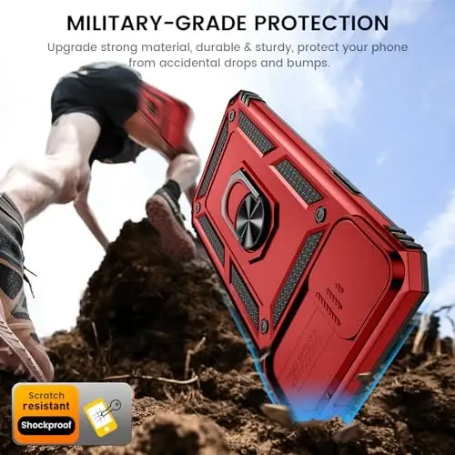 Goton for iPhone 15 Plus Case with Screen Protector - Slide Camera Cover Protective Phone Case with Ring Stand, Heavy Duty Shockproof Rugged Bumper for iPhone 15 Plus Accessories Red - 5