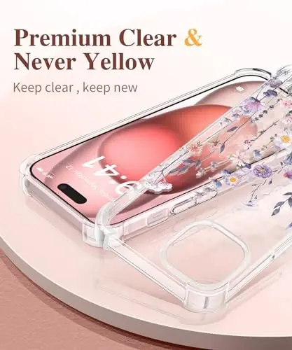 iPhone 15 Plus Kılıfı için GVIEWIN Çiçekli, Ekran Koruyucu ve Kamera Lens Koruyuculu, [Sararma Yapmaz] Kadınlar için Yumuşak Darbe Emici Şeffaf Telefon Koruyucu Kılıf, Çiçek Desenli 6.7