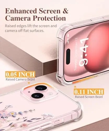 iPhone 15 Plus Kılıfı için GVIEWIN Çiçekli, Ekran Koruyucu ve Kamera Lens Koruyuculu, [Sararma Yapmaz] Kadınlar için Yumuşak Darbe Emici Şeffaf Telefon Koruyucu Kılıf, Çiçek Desenli 6.7