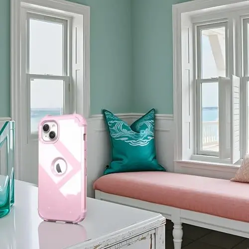 IDweel for iPhone 15 Plus Case with Screen Protector, 3 in 1 Shockproof Slim Fit Hybrid Heavy Duty Hard PC Cover Soft Silicone Bumper Full Body Case (Glitter Pink) - 3