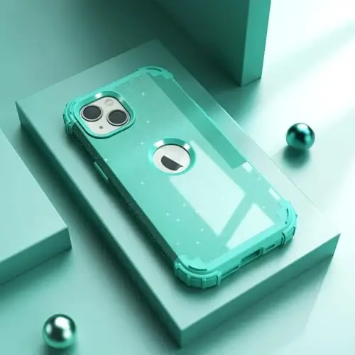 IDweel for iPhone 15 Plus Case with Screen Protector, 3 in 1 Shockproof Slim Fit Hybrid Heavy Duty Hard PC Cover Soft Silicone Bumper Full Body Case (Glitter Cyan) - IDWEEL (1)