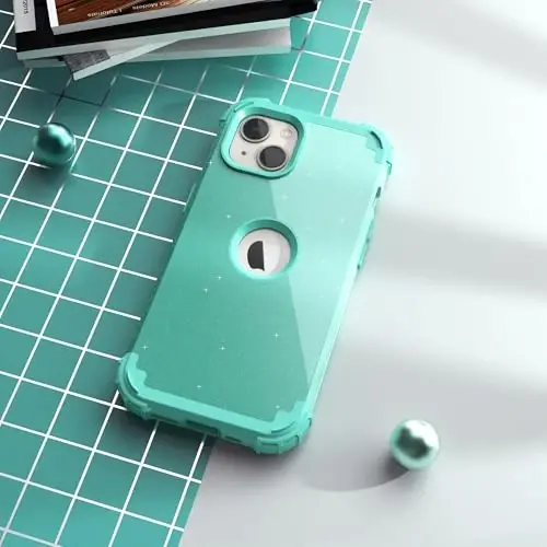 IDweel for iPhone 15 Plus Case with Screen Protector, 3 in 1 Shockproof Slim Fit Hybrid Heavy Duty Hard PC Cover Soft Silicone Bumper Full Body Case (Glitter Cyan) - 6