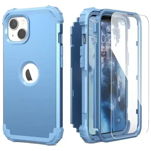 IDweel for iPhone 15 Plus Case with Screen Protector, 3 in 1 Shockproof Slim Fit Hybrid Heavy Duty Hard PC Cover Soft Silicone Bumper Full Body Case (Peace Blue) 