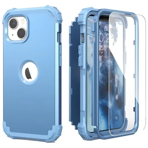 IDweel for iPhone 15 Plus Case with Screen Protector, 3 in 1 Shockproof Slim Fit Hybrid Heavy Duty Hard PC Cover Soft Silicone Bumper Full Body Case (Peace Blue) - 1