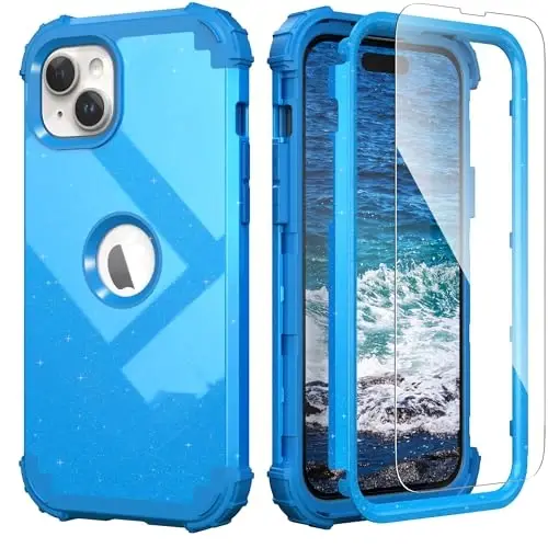 IDweel for iPhone 15 Plus Case with Screen Protector, 3 in 1 Shockproof Slim Fit Hybrid Heavy Duty Hard PC Cover Soft Silicone Bumper Full Body Case (Glitter Sky Blue) - 1