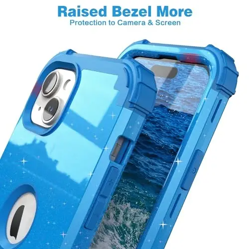 IDweel for iPhone 15 Plus Case with Screen Protector, 3 in 1 Shockproof Slim Fit Hybrid Heavy Duty Hard PC Cover Soft Silicone Bumper Full Body Case (Glitter Sky Blue) - 7