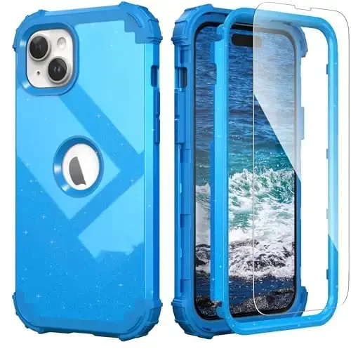 IDweel for iPhone 15 Plus Case with Screen Protector, 3 in 1 Shockproof Slim Fit Hybrid Heavy Duty Hard PC Cover Soft Silicone Bumper Full Body Case (Glitter Sky Blue) 