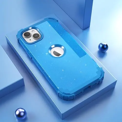 IDweel for iPhone 15 Plus Case with Screen Protector, 3 in 1 Shockproof Slim Fit Hybrid Heavy Duty Hard PC Cover Soft Silicone Bumper Full Body Case (Glitter Sky Blue) - IDWEEL (1)