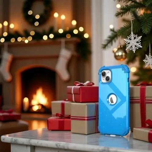 IDweel for iPhone 15 Plus Case with Screen Protector, 3 in 1 Shockproof Slim Fit Hybrid Heavy Duty Hard PC Cover Soft Silicone Bumper Full Body Case (Glitter Sky Blue) - 1