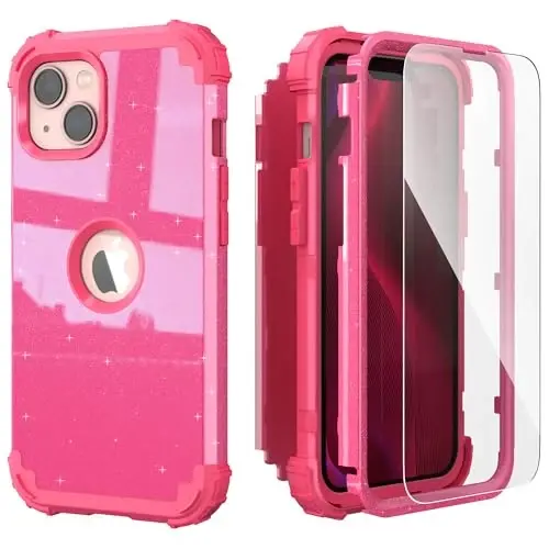 IDweel for iPhone 15 Plus Case with Screen Protector, 3 in 1 Shockproof Slim Fit Hybrid Heavy Duty Hard PC Cover Soft Silicone Bumper Full Body Case (Glitter Rose Red) - 1
