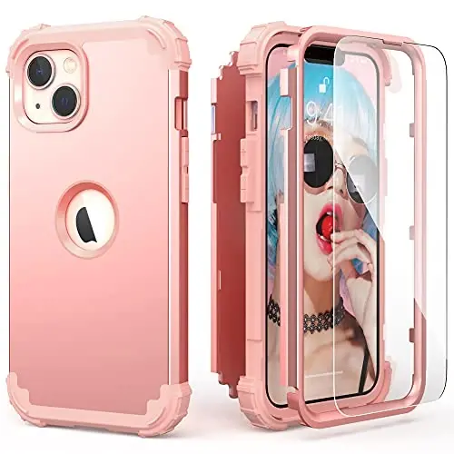 IDweel for iPhone 15 Plus Case with Screen Protector, 3 in 1 Shockproof Slim Fit Hybrid Heavy Duty Hard PC Cover Soft Silicone Bumper Full Body Case (Rose Gold) - 1