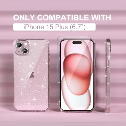 Choiche Compatible for iPhone 15 Plus Case Women Phone Case, Cute Bling Sparkly, Military Grade Drop Protection, 2 Diamond Camera Lens Covers, 2 Tempered Glass Protectors, 6.7 inch (Glitter Clear) - 2