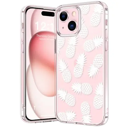 bicol Compatible with iPhone 15 Plus Case, Crystal Acrylic Clear with Fashionable Pattern Designs for Girls Women, Slim Fit Shockproof Protective Phone Cover 6.7 inch,Pineapples 