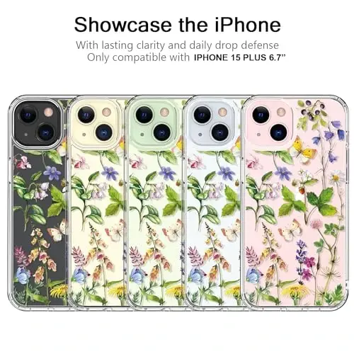 bicol Compatible with iPhone 15 Plus Case, Crystal Acrylic Clear with Fashionable Pattern Designs for Girls Women, Slim Fit Shockproof Protective Phone Cover 6.7 inch,Butterfly Flowers - 5