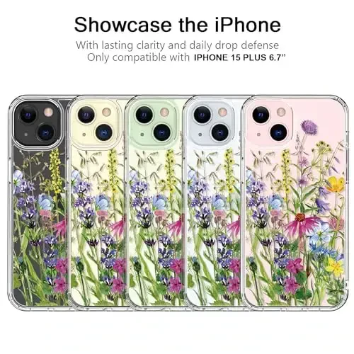 bicol Compatible with iPhone 15 Plus Case, Crystal Acrylic Clear with Fashionable Pattern Designs for Girls Women, Slim Fit Shockproof Protective Phone Cover 6.7 inch,Blooming Flowers - 5