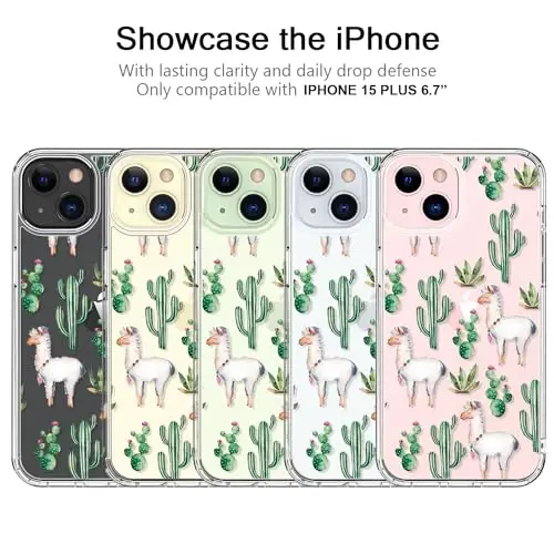 bicol Compatible with iPhone 15 Plus Case, Crystal Acrylic Clear with Fashionable Pattern Designs for Girls Women, Slim Fit Shockproof Protective Phone Cover 6.7 inch,Alpaca - 5