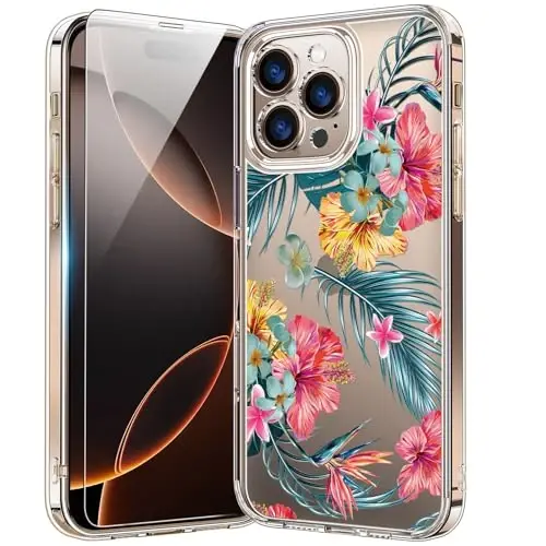 bicol Compatible with iPhone 15 Plus Case, Crystal Acrylic Clear with Fashionable Pattern Designs for Girls Women, Slim Fit Shockproof Protective Phone Cover 6.7 inch,Pink Yellow Floral - 1