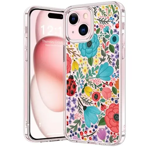 bicol Compatible with iPhone 15 Plus Case, Crystal Acrylic Clear with Fashionable Pattern Designs for Girls Women, Slim Fit Shockproof Protective Phone Cover 6.7 inch,Multi-Colored Blossoms 