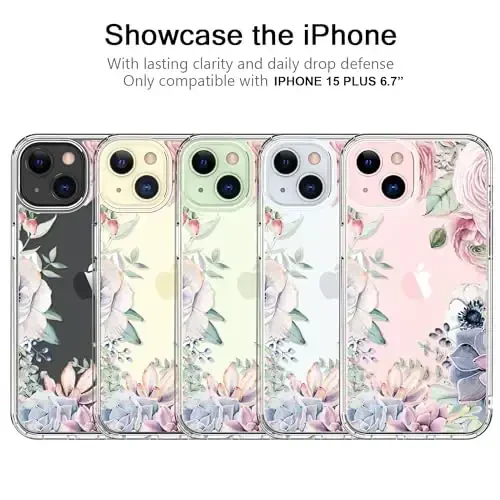 bicol Compatible with iPhone 15 Plus Case, Crystal Acrylic Clear with Fashionable Pattern Designs for Girls Women, Slim Fit Shockproof Protective Phone Cover 6.7 inch,Colorful Succulents - 5