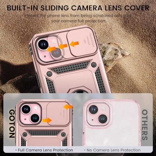 Goton for iPhone 15 Plus Case with Screen Protector - Slide Camera Cover Protective Phone Case with Ring Stand, Heavy Duty Shockproof Rugged Bumper for iPhone 15 Plus Accessories Rose Gold - 3