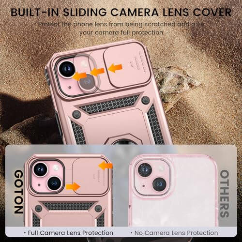 Goton for iPhone 15 Plus Case with Screen Protector - Slide Camera Cover Protective Phone Case with Ring Stand, Heavy Duty Shockproof Rugged Bumper for iPhone 15 Plus Accessories Rose Gold - 3