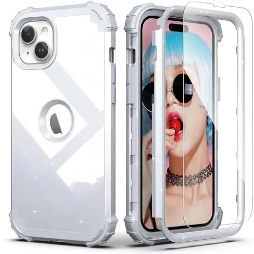 iPhone 15 Plus uchun ekran himoyachisi bilan IDweel g'ilofi, 3 in 1 zarbga chidamli ingichka moslashuvchan gibrid kuchli qattiq kompyuter qopqog'i yumshoq silikon bamperli to'liq korpus (Glitter Grey) 