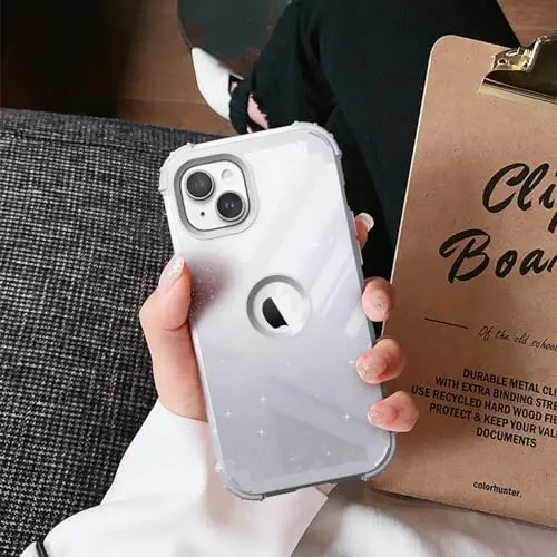 iPhone 15 Plus uchun ekran himoyachisi bilan IDweel g'ilofi, 3 in 1 zarbga chidamli ingichka moslashuvchan gibrid kuchli qattiq kompyuter qopqog'i yumshoq silikon bamperli to'liq korpus (Glitter Grey) - 6