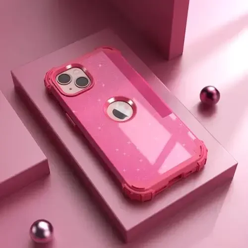 iPhone 15 Plus uchun ekran himoyachisi bilan IDweel g'ilofi, 3 in 1 zarbga chidamli ingichka moslashuvchan gibrid og'ir yukga bardoshli qattiq kompyuter qopqog'i yumshoq silikon bamperli to'liq korpus (Glitter Rose Red) - IDWEEL (1)