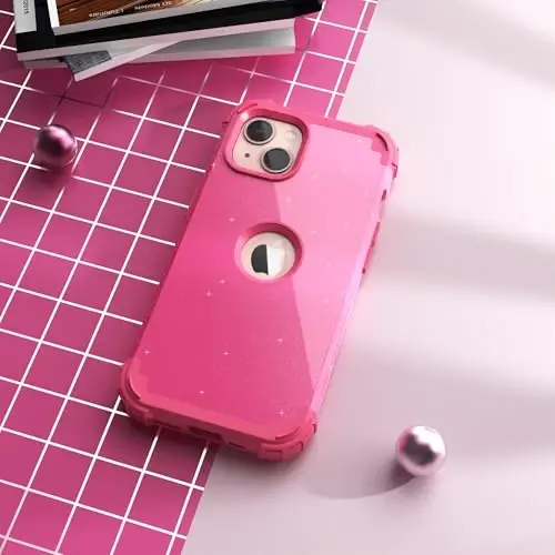 iPhone 15 Plus uchun ekran himoyachisi bilan IDweel g'ilofi, 3 in 1 zarbga chidamli ingichka moslashuvchan gibrid og'ir yukga bardoshli qattiq kompyuter qopqog'i yumshoq silikon bamperli to'liq korpus (Glitter Rose Red) - 4