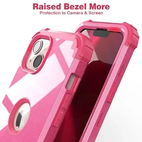 iPhone 15 Plus uchun ekran himoyachisi bilan IDweel g'ilofi, 3 in 1 zarbga chidamli ingichka moslashuvchan gibrid og'ir yukga bardoshli qattiq kompyuter qopqog'i yumshoq silikon bamperli to'liq korpus (Glitter Rose Red) - 7