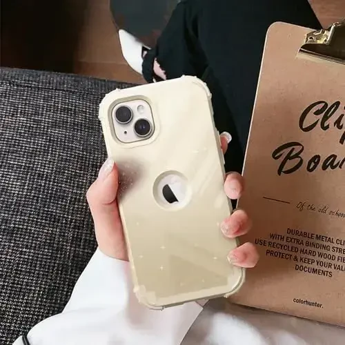 iPhone 15 Plus uchun ekran himoyachisi bilan IDweel g'ilofi, 3 in 1 zarbga chidamli nozik moslashuvchan gibrid og'ir yukga bardoshli qattiq kompyuter qopqog'i yumshoq silikon bamper to'liq korpus (Glitter Yellow) - 6