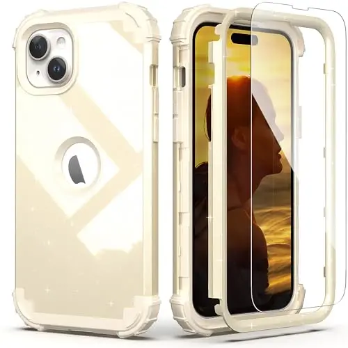 iPhone 15 Plus uchun ekran himoyachisi bilan IDweel g'ilofi, 3 in 1 zarbga chidamli nozik moslashuvchan gibrid og'ir yukga bardoshli qattiq kompyuter qopqog'i yumshoq silikon bamper to'liq korpus (Glitter Yellow) 