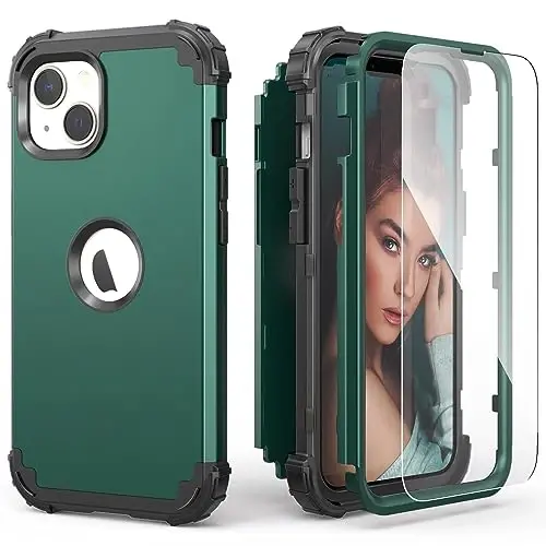iPhone 15 Plus uchun ekran himoyachisi bilan IDweel g'ilofi, 3 tasi 1da zarbga chidamli ingichka gibrid kuchli kompyuter qopqog'i yumshoq silikon bamperli to'liq korpus (grafit yashil/qora) - 1