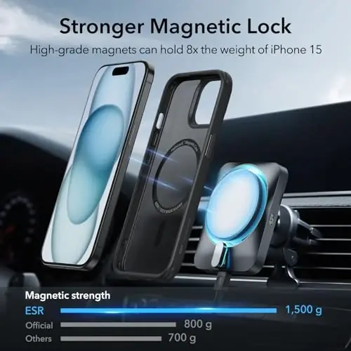 iPhone 15 Plus uchun ESR g'ilofi, MagSafe bilan mos, harbiy darajadagi himoya, sarg'ayishga chidamli, tirnalishga chidamli orqa, iPhone 15 Plus uchun magnit telefon g'ilofi, Classic Series, muzli qora - ESR (1)