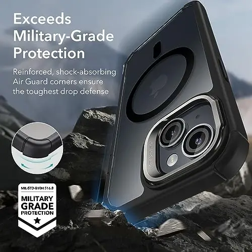 iPhone 15 Plus uchun ESR himoya korpusi, MagSafe bilan mos keladi, toʻliq tanali harbiy darajadagi zarbadan himoya qiluvchi korpus, oʻrnatilgan 9H+ qattiqlangan shisha ekran himoyachisi bilan, Armor seriyasi, shaffof qora. - 4