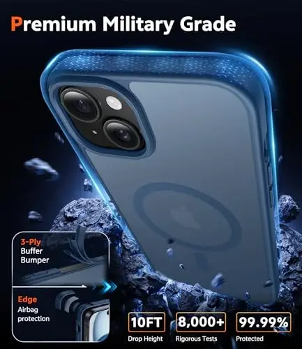 iPhone 15 Plus uchun FNTCASE g'ilofi: Magsafe bilan mos keladigan, ingichka, sarg'aymaydigan, zarbga chidamli, himoya qiluvchi yarim shaffof mobil telefon qopqog'i bilan mat magnit telefon qutilari (C-ko'k) - 6