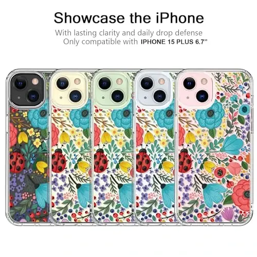 iPhone 15 Plus uchun g'ilof, qizlar va ayollar uchun moda naqshlari bilan billur akril tiniq, ingichka, zarbaga chidamli himoya telefon qopqog'i 6,7 dyuym, ko'p rangli gullar - 5