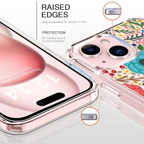iPhone 15 Plus uchun g'ilof, qizlar va ayollar uchun moda naqshlari bilan billur akril tiniq, ingichka, zarbaga chidamli himoya telefon qopqog'i 6,7 dyuym, ko'p rangli gullar - BICOL (1)