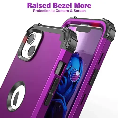 iPhone 15 Plus uchun IDweel g'ilofi, ekran himoyachisi bilan, 3 in 1 zarbaga chidamli ingichka gibrid kuchli qattiq kompyuter qopqog'i yumshoq silikon bamperli to'liq korpusli g'ilof (to'q binafsha) - 6