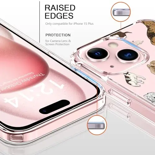 iPhone 15 Plus uchun mos keladigan g'ilof, qizlar va ayollar uchun zamonaviy naqshli dizaynlarga ega shaffof kristalli akril, ingichka, zarbga chidamli himoya telefon qopqog'i 6,7 dyuym, tropik barglar - BICOL (1)