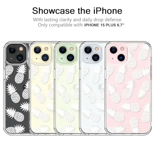 iPhone 15 Plus uchun mos keladigan g'ilof, qizlar va ayollar uchun zamonaviy naqshli kristall akril shaffof, ingichka zarbaga chidamli himoya telefon qopqog'i 6,7 dyuym, Ananaslar - 5