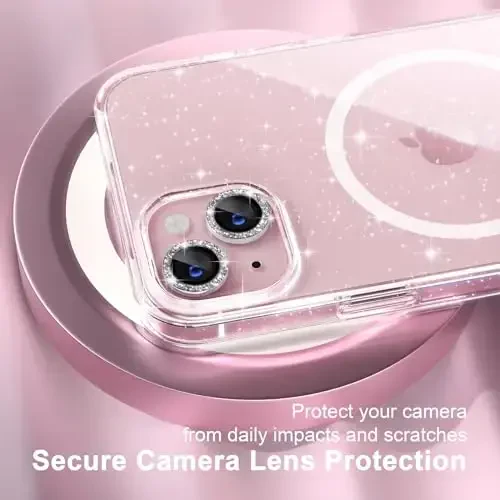 iPhone 15 Plus uchun mos keladigan magnitli qobiq, ayollar uchun shaffof yaltiroq uchqunli qobiq, [2 dona olmos kamera linzasi himoyachilari] [2 dona qattiqlangan oyna ekran himoyachilari] [MagSafe mos keladi] (Yaltiroq shaffof) - 3