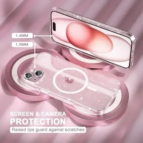 iPhone 15 Plus uchun mos keladigan magnitli qobiq, ayollar uchun shaffof yaltiroq uchqunli qobiq, [2 dona olmos kamera linzasi himoyachilari] [2 dona qattiqlangan oyna ekran himoyachilari] [MagSafe mos keladi] (Yaltiroq shaffof) - 4