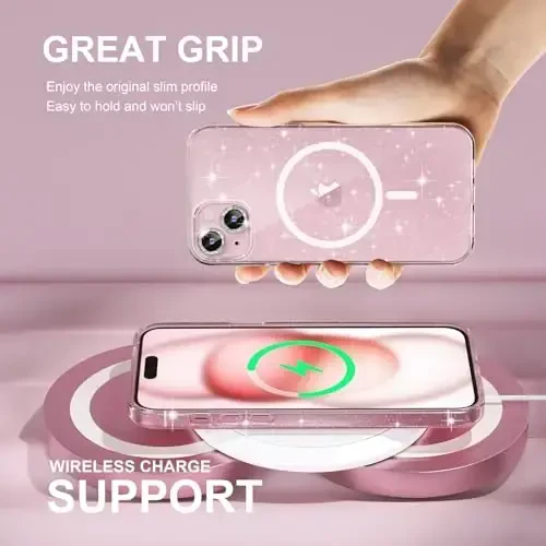 iPhone 15 Plus uchun mos keladigan magnitli qobiq, ayollar uchun shaffof yaltiroq uchqunli qobiq, [2 dona olmos kamera linzasi himoyachilari] [2 dona qattiqlangan oyna ekran himoyachilari] [MagSafe mos keladi] (Yaltiroq shaffof) - 6