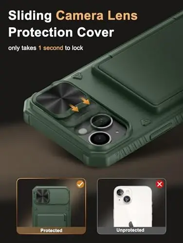 Vihibii for iPhone 15 Plus/iPhone 14 Plus Wallet Case, Built-in Card Holder (4 Cards), [RFID Blocking] & Slide Camera Cover, Military Grade Drop Protection, TPU Soft Edge Wallet Phone Case, Green - 4