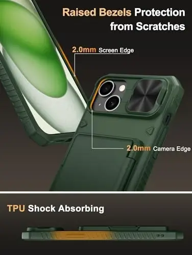 Vihibii for iPhone 15 Plus/iPhone 14 Plus Wallet Case, Built-in Card Holder (4 Cards), [RFID Blocking] & Slide Camera Cover, Military Grade Drop Protection, TPU Soft Edge Wallet Phone Case, Green - 6