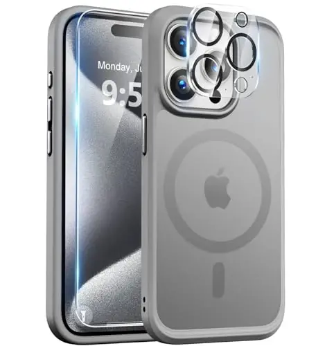 iPhone 15 Pro gʻilofi bilan mos keladigan BossKiss, [Magsafe bilan mos keladi] [Ekran+Kamera himoyachisi] Magnitli yarim shaffof mat ayollar erkaklar qizlar himoya qopqogʻi iPhone 15 Pro 6.1